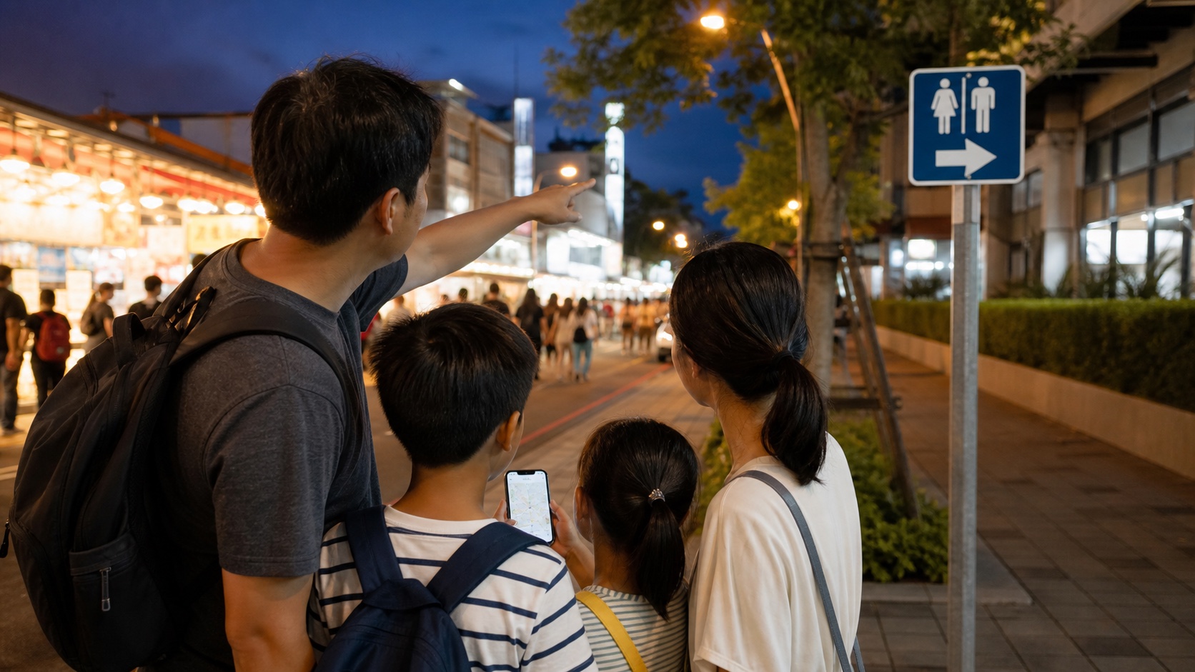 家庭在夜市入口用手機確認公共設施方向