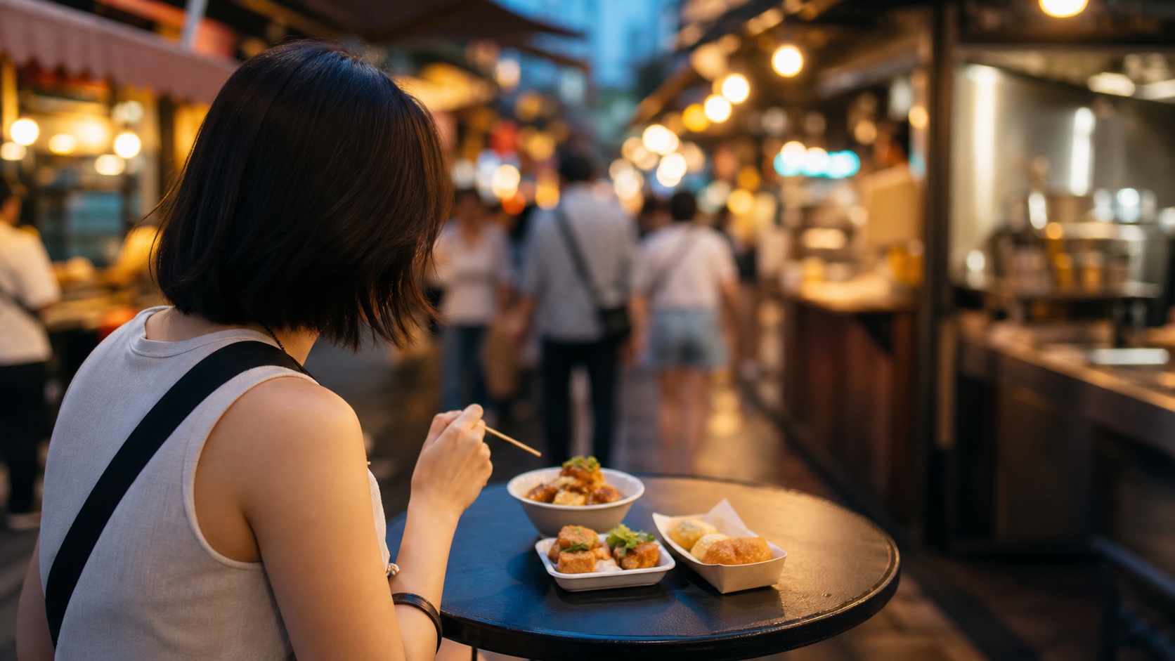 一位旅客在夜市小桌前品嘗幾份小吃