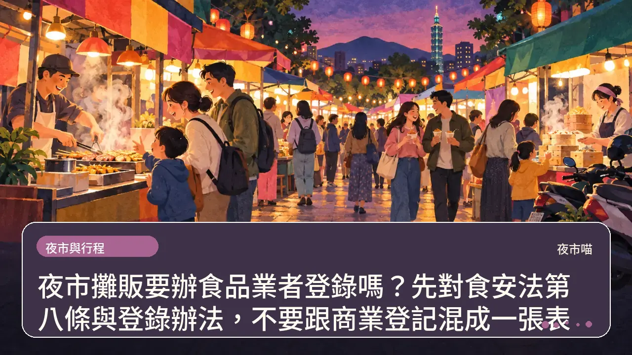 夜市攤販要辦食品業者登錄嗎？先對食安法第八條與登錄辦法，不要跟商業登記混成一張表主題插畫