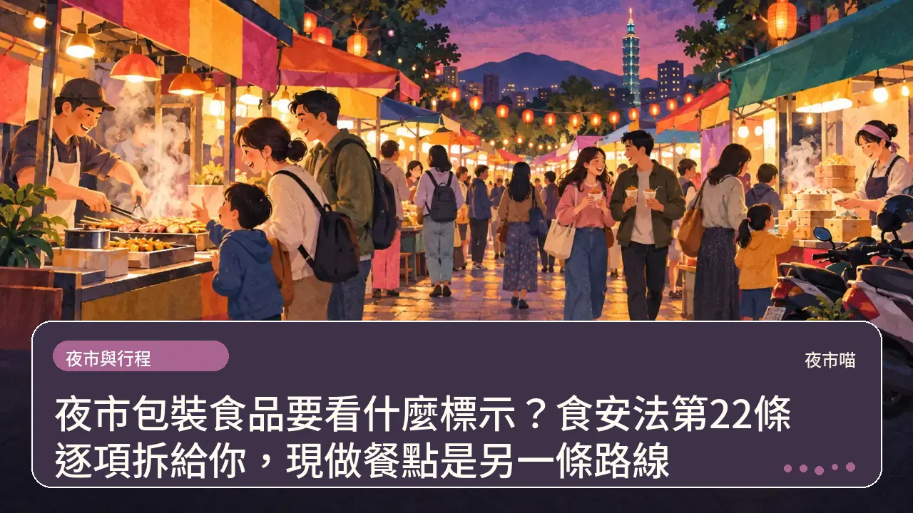 夜市包裝食品要看什麼標示？食安法第22條逐項拆給你，現做餐點是另一條路線主題插畫