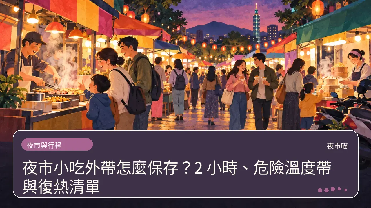 夜市小吃外帶怎麼保存?2 小時、危險溫度帶與復熱清單主題插畫
