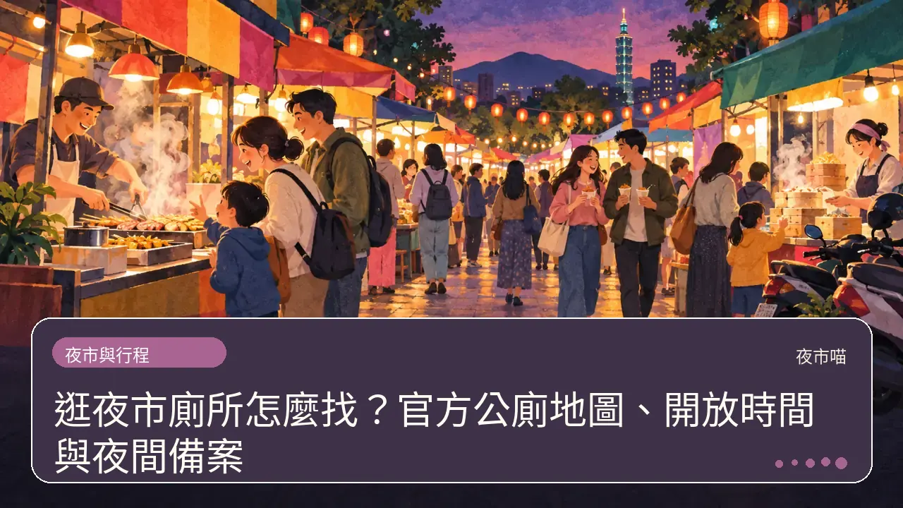 逛夜市廁所怎麼找？官方公廁地圖、開放時間與夜間備案主題插畫